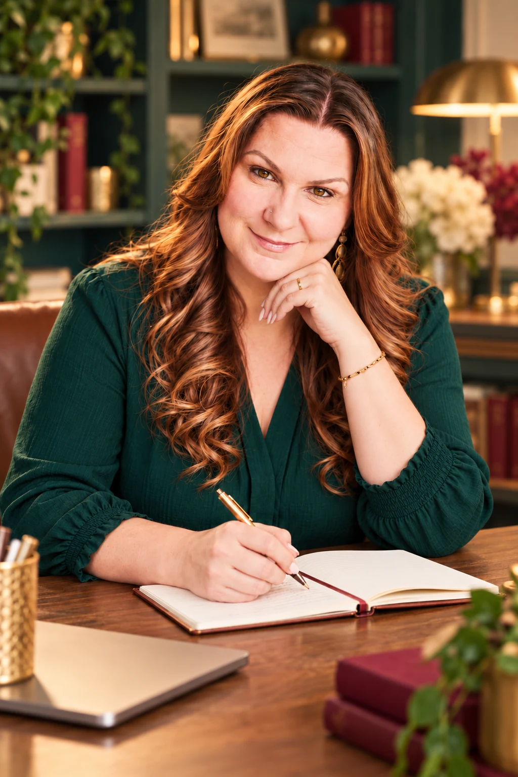Amy in an emerald blouse at a warm wood desk with her notebook