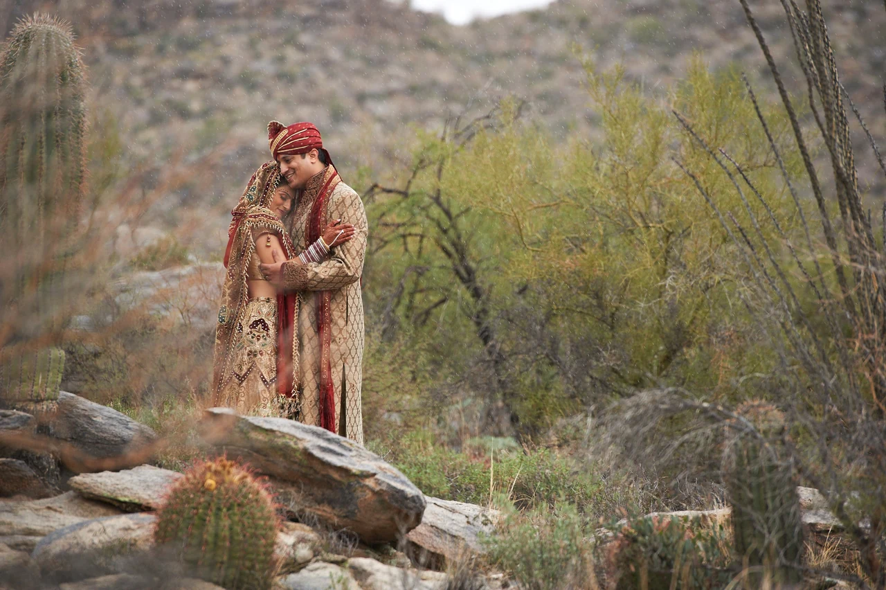 Neha and Milan embrace among cacti and rocks in the Arizona desert