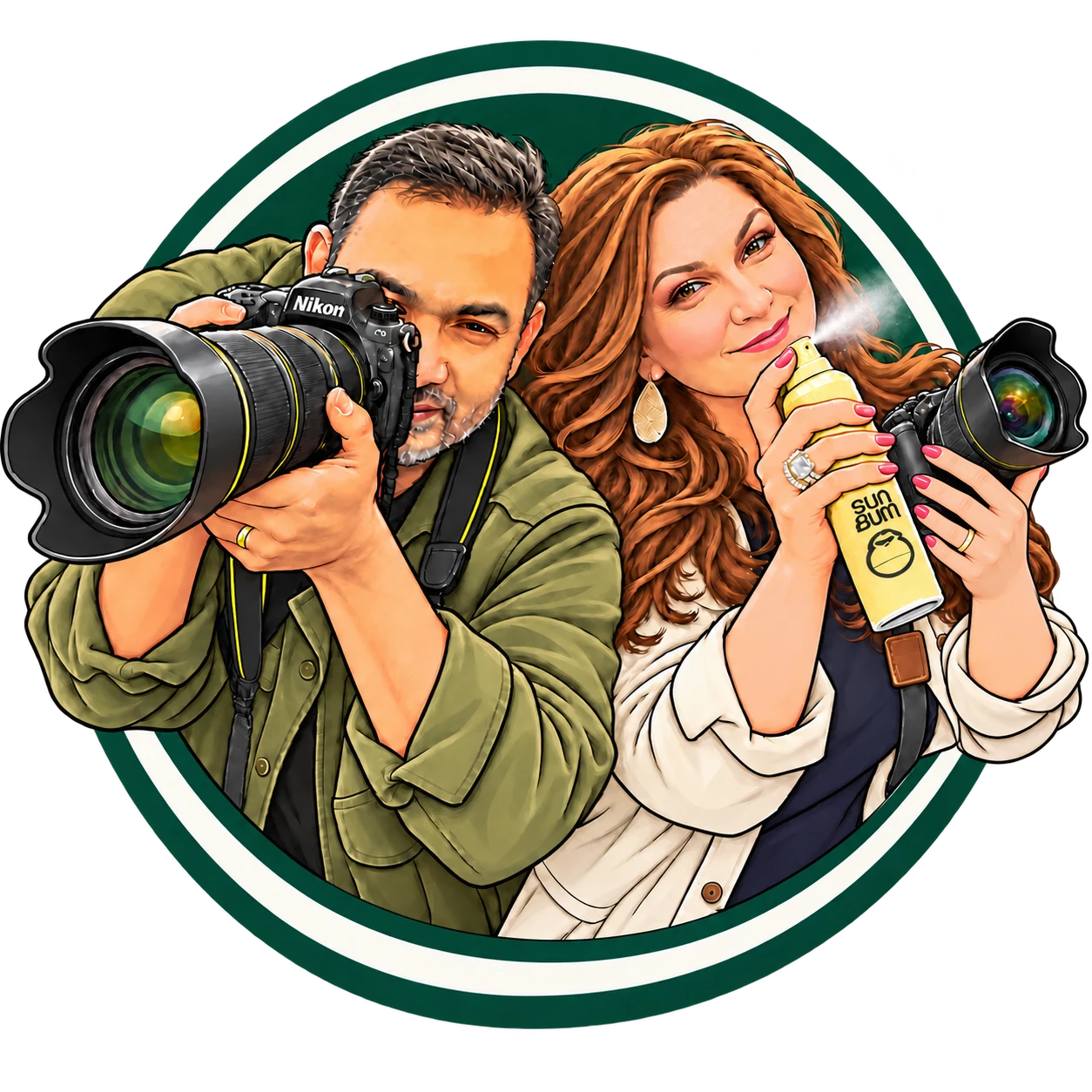 Amy and Srinu illustrated with their cameras and Sun Bum