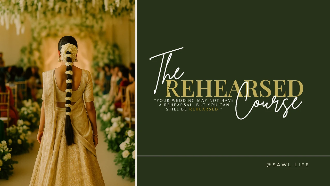 The REHEARSED Course, original cover artwork showing a bride from behind beside the course title and SAWL.LIFE signature