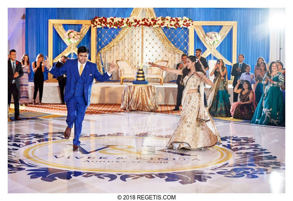 Vivek and Kinita entering the dance floor at their engagement reception at Baltimore Marriott Waterfront.