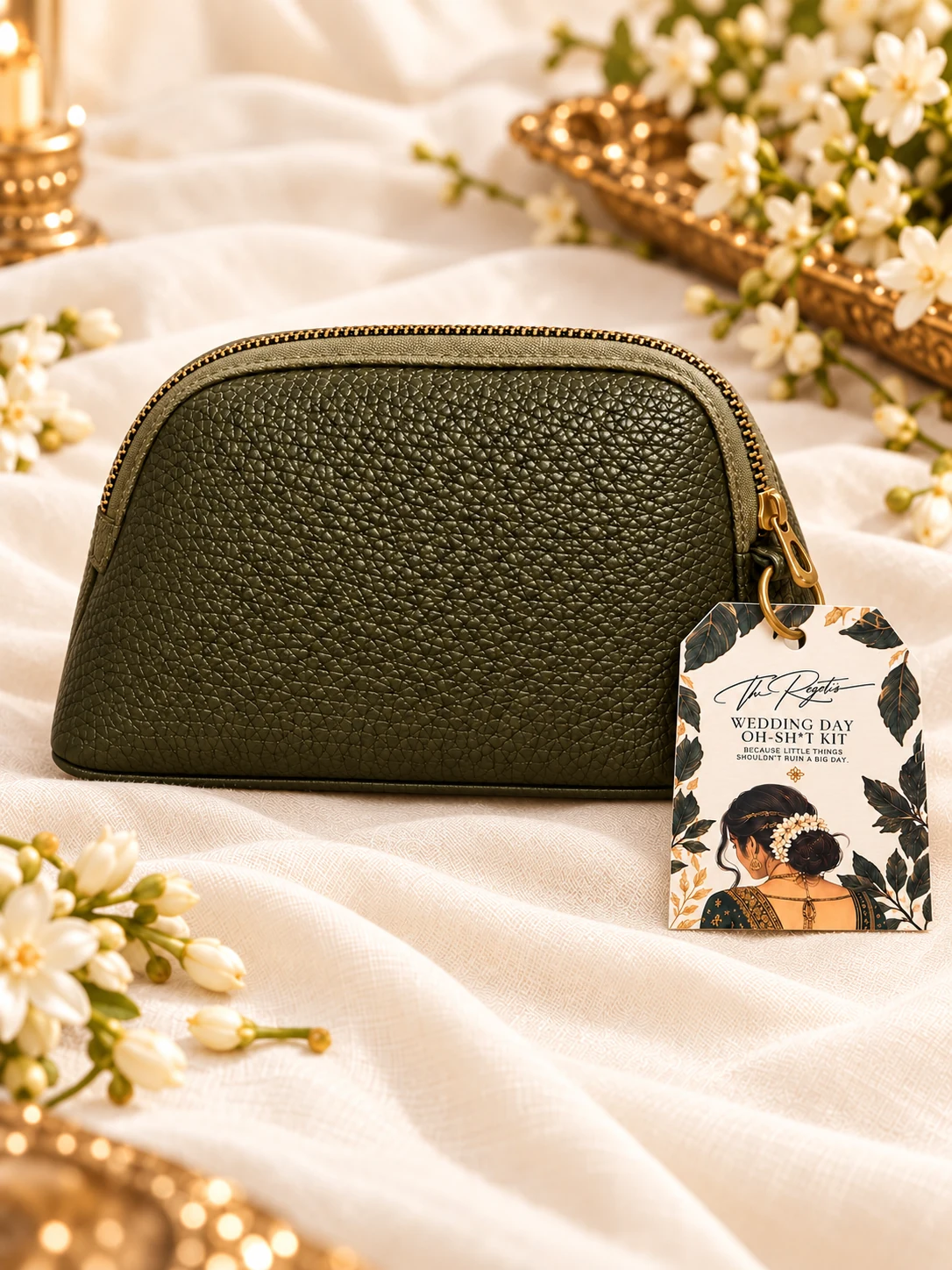 Editorial image of The Regeti’s wedding-day kit: one olive pouch with gold hardware and a botanical printed tag