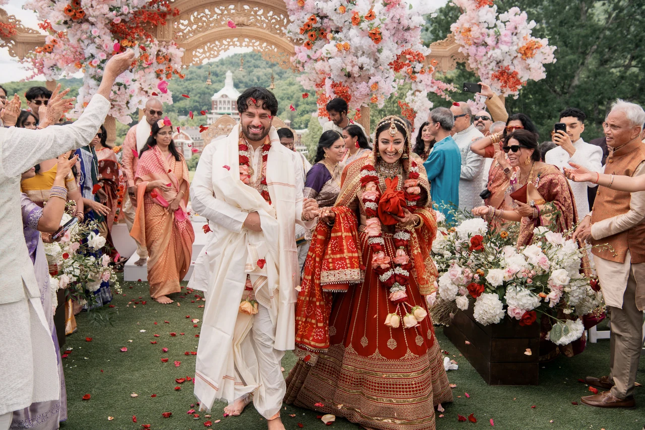 Shatakshi and Madhu celebrating with wedding guests